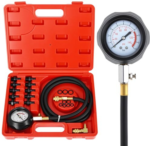 QWORK®Öldruck Messgerät, 140 PSI / 10 Bar Motorzylinder Öldruckprüfer Set mit 10 Adaptern, Ideal für Auto, Motorräder & Traktor