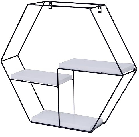 Berlinlodge Wandregal sechseckig HxBxT 43x49x11cm 3 Regalböden Metall Massiv-Holz Industrial Weiß Hängeregal Schweberegal Regal schwebend Küche Wohnzimmer Schlafzimmer Deko Büro einfache Montage