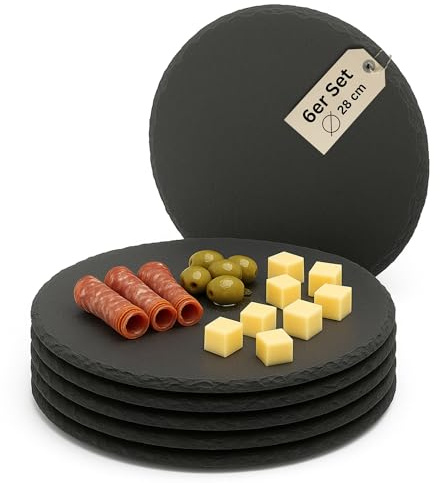 Schieferplatten rund 28 cm Set aus 6 Servierplatten aus Schiefer für Käseplatte Tapasplatte Deko & HLKauf-Block