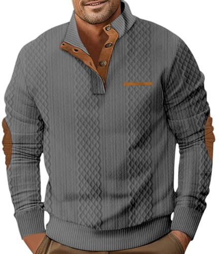 Suéter de Punto Trenzado para Hombre Cuello Alto, Manga Larga, botón Tipo Polo, suéter Casual con Cierre para Hombre