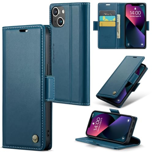 Idhiem for iPhone 13 Flip Case, PU Leather Wallet Cover with RFID Blocking, Magnetic Closure Card Holder and Kickstand, Shockproof Protective Case- Blue