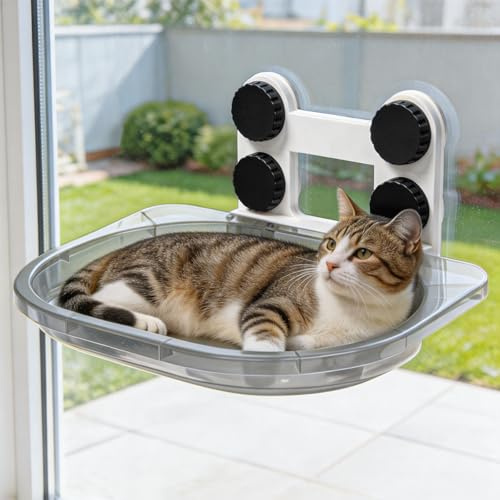 Newthinking Hamaca Gato Ventana 48,5x34,5 cm, 4 Ventosas, Gris | Cama Gato Ventana con Ventosas , Hamaca para Gatos, sin Taladros, Soporta Hasta 10kg, Ideal para Gatos de Todos los Tamaños