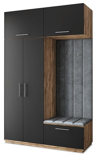 Masseno Flugarderoben Set Rema, Kleiderschrank-Set mit Sitzbank, Garderobenschrank Flur mit 5 Regalböden, Eiche Lefkas/Schwarz