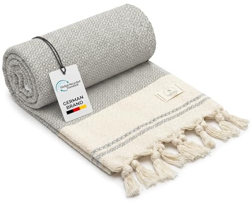 SIEGENTHAL® Hamamtuch – Leichtes Strandtuch & Saunatuch aus recycelter Baumwolle – Schnell Trocknend, Groß & Weich – 90cm x 200cm – Ideal für Strand, Sauna, Yoga, Picknick – Grau