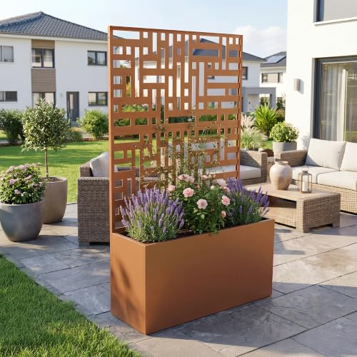 casa.pro Fioriera con Grigliato Separatore Marrone 146x83x31 cm | Spalliera Pannello Divisorio in Acciaio Portapiante Separatore da Terrazza Interni Esterni Giardino Terrazza