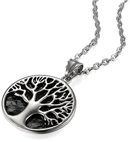 JewelryWe Schmuck Herren Damen Halskette, Edelstahl Lebensbaum Baum des Lebens Runden Anhänger mit Kette Gold Schwarz Silber