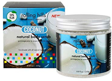 Rolling Hills - Natürliches Kokosnusspeeling - Körper- und Gesichtspeeling - 100% natürlich und 100% vegan - Peeling und Feuchtigkeitspflege - Für eine frische und verjüngende Haut - 250 g Dose