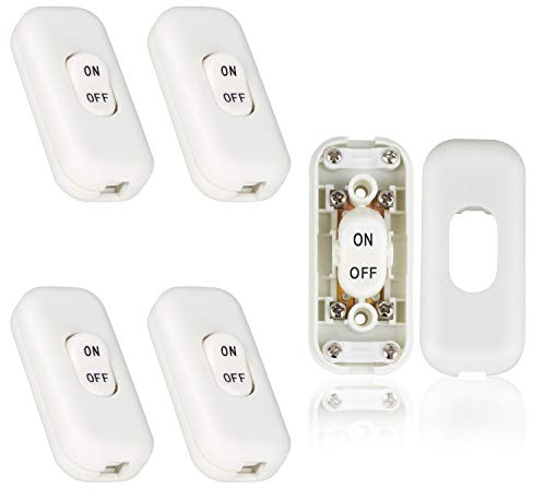 Helunsi Inline Switch 5 Pcs, White Lamp Cord Button Torpedo Switch, Rated 6A 250V ON OFF Electrical Wire Appliance Rocker Switches, Repair Replacement Control Power Cable Plug Desk Table Light Parts
