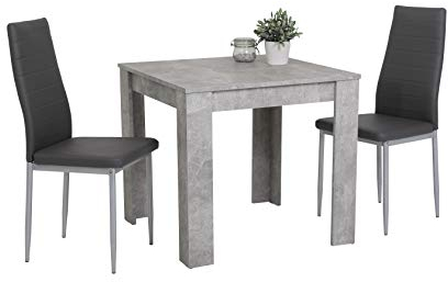 Hela Tische, 3-TLG Essgruppe Duo, Quadratischer Tisch Holzwerkstoff melaminbeschichtet, Betonoptik und 2x Esszimmerstuhl Grau, Metallfüße Grau