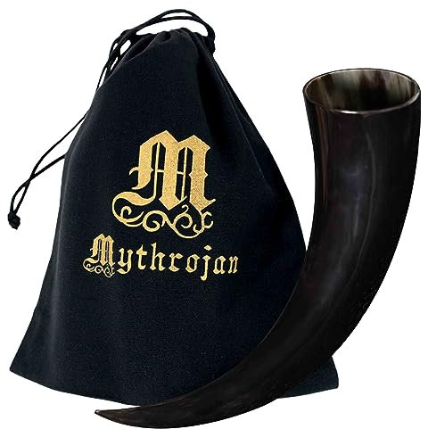 Mythrojan Corno da Bere Vichingo 250ml – Autentico Boccale Medievale per Vino o Idromele – Tazza in Corno Naturale per LARP, Fiere Rinascimentali, Cosplay, Regali Storici e Decorazioni
