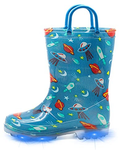 EUXTERPA Stivali di gomma per bambine e bambini, si illuminano, con glitter, con manico, per bambini, Blu spazio, 28 EU