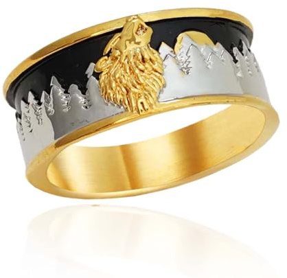 PikaLF Heulender Wolfsring für Männer, nordischer Wikinger-Wolfskopfring, Retro-Wolfstotemringe, Wolfsmondring, Amulettring, Tierwolfschmuck (18.9)