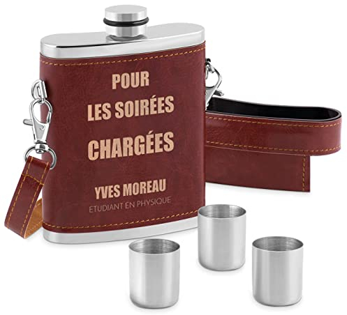 Maverton Flasque en Acier Brossé 250 ml pour lui - Pochette Personnalisée en cuir en marron foncé - 3 x 12 ml verres à shot en acier inclus - Pour hommes - Pour anniversaire - Soirées