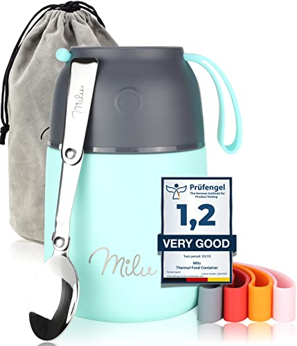 Milu® Thermobehälter für Essen 450ml, Edelstahl Warmhaltebehälter mit Löffel, Thermobecher Essen, Thermo Lunchbox für Kinder, Erwachsene, Thermobox Suppen, Babybrei, Speisebehälter Mint, 450ml