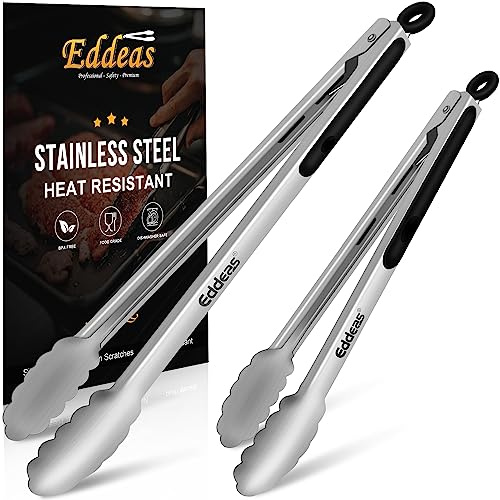 Eddeas Grill Tongs, Bbq tongs - 12 and 17 Inch Extra Long Kitchen Tong, Heat Resistant 600 Degrees Stainless Steel tongs, Metal Locking Tong for Cooking, Grilling, Outdoor Barbecue, Set of 2