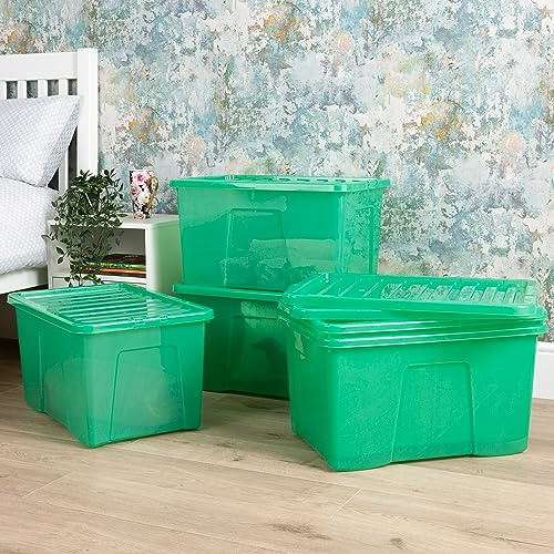 Wham Crystal 5x 60L Plastic Storage Boxes with Lids Tint Leprechaun Green. Large Size, Strong (Pack of 5, 60 Litre). Made in the UK