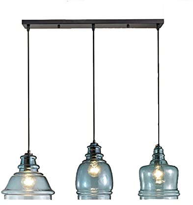 EKSED Verre bleu à motif d'eau à 3 lumières Lampe Suspension Plafonnier suspendu pour îlot de cuisine, lustre (Bande)