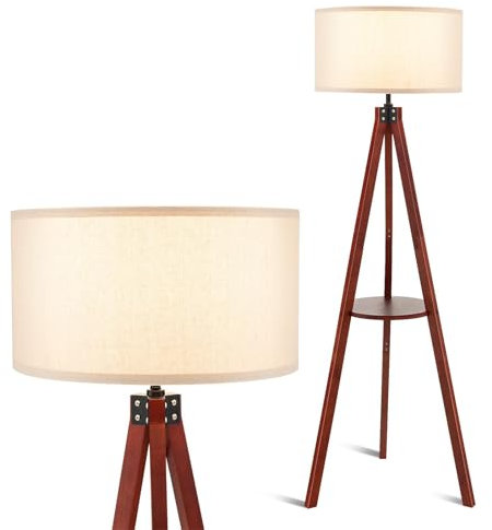 TANGZON Tripod Floor Lamp with Shelves, Rubber Wood Shelf Standing Lamp with Linen Lampshade, Foot Switch & E27 Socket, Tall Reading Light for Living Room Bedroom Office Home Decoration