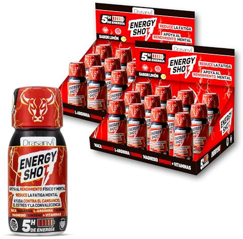 DRASANVI ENERGY SHOT| 5 HORAS DE ENERGÍA TOTAL | Reduce la Fatiga | Con Magnesio, Taurina, L- Arginina, Colina, Guaraná, Maca, Ginseng, Cafeina + Vitaminas | Pack 24 ud Sabor Limón