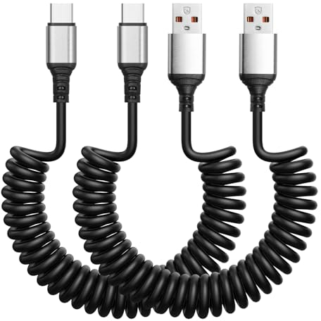 AXFEE 2 Pezzi Cavo USB C a Spirale, 1.8m USB a USB C 66W & Android Auto, Cavo di Ricarica Rapida, Cavo di Tipo C, per Samsung S23/S22/S21/21 Note 20/10, Google e Altri Dispositivi di Tipo C
