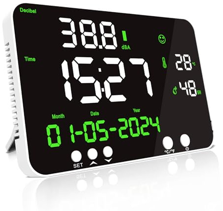 LYCEBELL Schallpegelmesser zum Aufhängen Digitales Dezibel-Messgerät Temperatur Luftfeuchtigkeits- und Geräuschmessgerät, Wandhalterung30~130 dB, 11 Zoll großer LED-Bildschirm