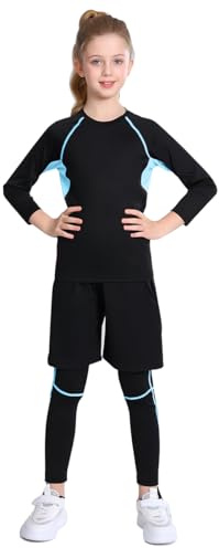 linboo Kinder Mädchen Sportanzug 3tlg Yoga Anzug mit Langen Ärmeln, Hosen, Sport Short, Kleidung Set, Atmungsaktiv und Elastisch, Outdoor eng anliegende Tanz- und Fitnessbekleidung