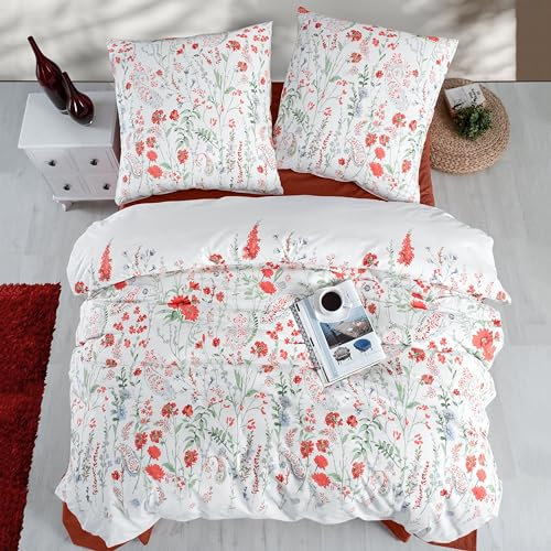 ZIRVEHOME Bettwäsche 200x200 cm. Weiß, 3-teilig, Baumwolle, Bettgarnitur mit Bettbezug und Kissenbezug 80x80, Renforcé, geblümt mit Grün, Rot Blumen-Muster. Eleyse