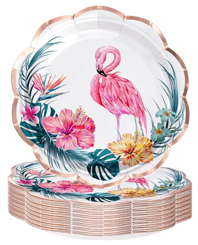 RUSPEPA Paquet de 25 Assiettes en Carton Flamant Rose - Assiettes Jetables Flamant Rose d'été de 7 Pouces Assiettes décoratives pour Fournitures de Vaisselle de fête Décor de Table - 18x18 cm