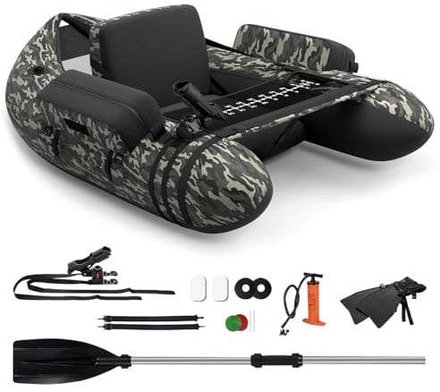 COSTWAY Inflatable Fishing Float Tube, Fishing Boat with Pump, Adjustable Straps, Paddle, Pockets, Fish Ruler, Rod Holder & Flippers, 150kg Capacity Adult Belly Boat (Camouflage+Black, 135x110x54cm)