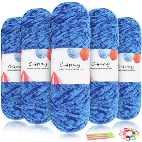 Coopay Samt Chenille Wolle zum Häkeln, 500g (5x100g) Velvet Chenillegarn, Dicke Wolle zum Stricken, Flauschige Weiche Samtig Chenillewolle mit Häkelzubehör für Schals, Decken - Saphirblau