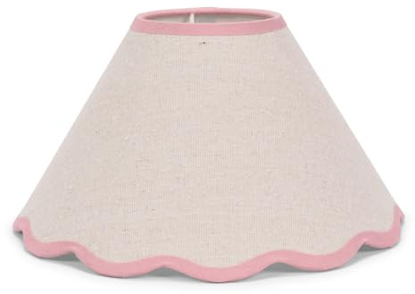 ValueLights | Large Easy Fit Natural Linen Tapered Light Shade with Pink Scallop Trim | Lamp Shades, Home Décor & Improvement Essential | Includes Bulb | 41cm Shade Width