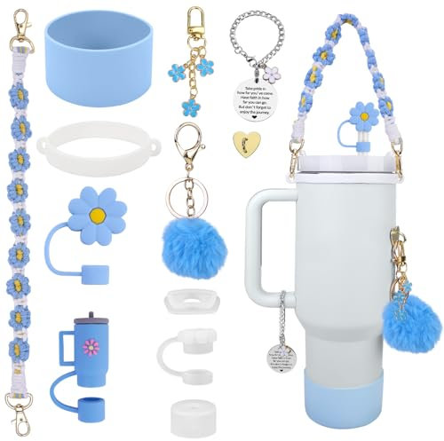 POFIBO Stanley Cup Accessori Set - Nastro per Presa della Bottiglia Acqua, Stivale per Coppa Siliocne, Charms Bicchiere per Stanley Cup 40oz (Blu)