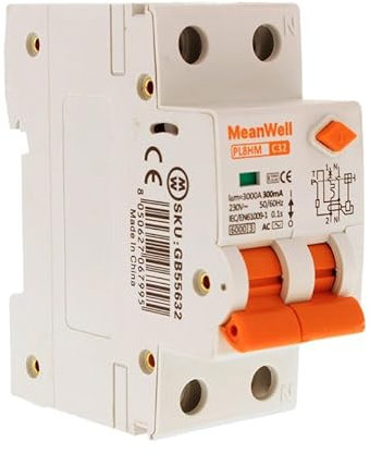 MeanWell Disjoncteur Différentiel 300mA, Type AC Courbe C, 1P+N 6kA 300mA, 2 modules DIN, disjoncteur à courant résiduel avec protection contre les surintensités, RCBO 1P+N C32 32A