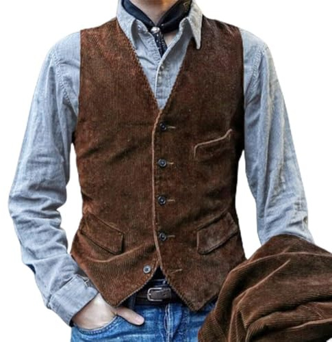Chaleco clásico de pana con botones para hombre con ajuste delgado y atractivo vintage (M marrón)