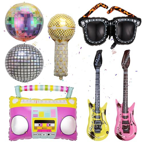 90s Disco Party Decorations Balloons - 7 Pieces Rainbow 4D Laser Disco Ball, Glitter Inflatable Microphone Radio Guitar Sunglasses Music Foil Balloon for Men Women Hip Hop Karaoke Themed Party