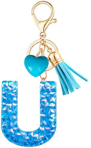 Vorysum Porte-clés Bleu avec lettre porte-clés fille initiale cadeau femmes porte-clés Cœur décorer pour sac Sac à dos porte-clef gland or porte-clef femme-U