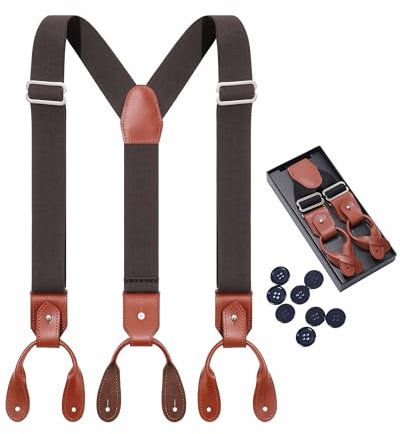 Kajeer Hosenträger aus echtem Leder für Herren – Hosenträger mit Knopfende, verstellbare elastische Hosenträger in Y-Form, Herren-Hosenträger für Hochzeit, Party, Business, coffee, Einheitsgröße