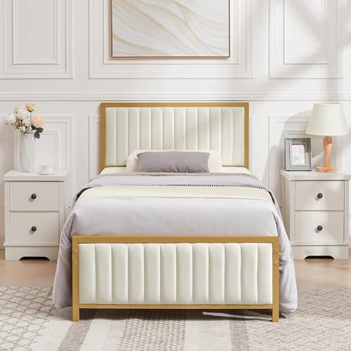 VECELO Bettgestell 90 x 200 cm, Metallbett Einzelbett mit Gepolstertem Kopf- und Fußteil, Bettrahmen mit Lattenrost, 32cm Höhe unter dem Bett, Kein Boxspring Erforderlich, Beige
