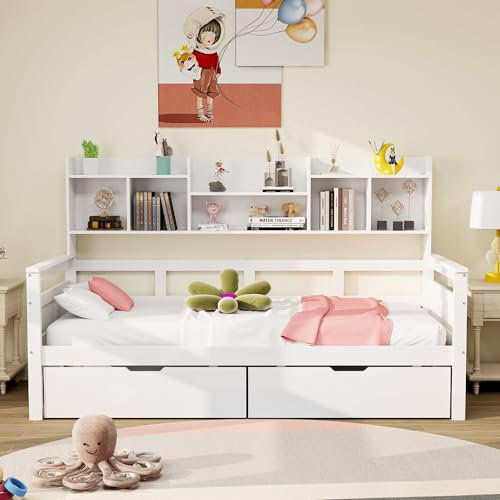 Daybett Einzelbett Bett 90x200 cm, Tagesbett mit Stauraum Schubladen & Regale & Bücherregal, Kinderbett Holzbett Jugendbett Stauraumbett Funktionsbett, Bettgestell mit Lattenrost, Ohne Matratze, Weiß
