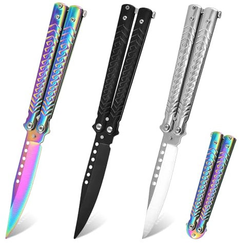 Sporgo 3 Stück Butterfly Messer: Butterfly Trainer Ungeschärfte Klinge Übungs Butterfly Kamm, Edelstahl Butterfly Knife Trainer für Trainingsmesser Anfänger übt Flipping-Tricks (Schwarz+Weiß+Farbe)