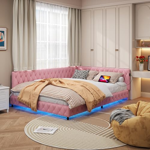 Ptueer Polsterbett Schlafsofa 140x200 cm, Tagesbett 140x200, L Form Daybett, Jugendbett mit LED und USB, Doppelbett mit Lattenrost, Teddy-Samt, Ohne Matratze (Rosa)