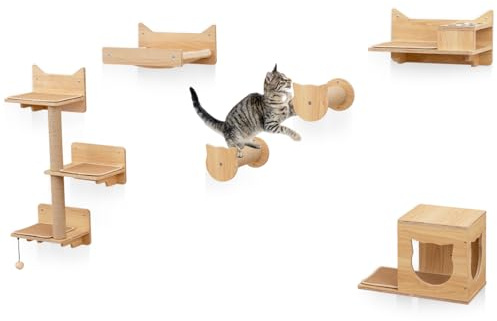 GOPLUS Kletterwand Katzen, 5 PCS Katzen Wandpark mit Hängematte, 2 Kratzpfosten, 3-stöckigem Katzenturm, Futterregal & 2 Schüsseln, Katzentreppe für Schlafen, Spielen & Lounging, Einfache DIY-Montage