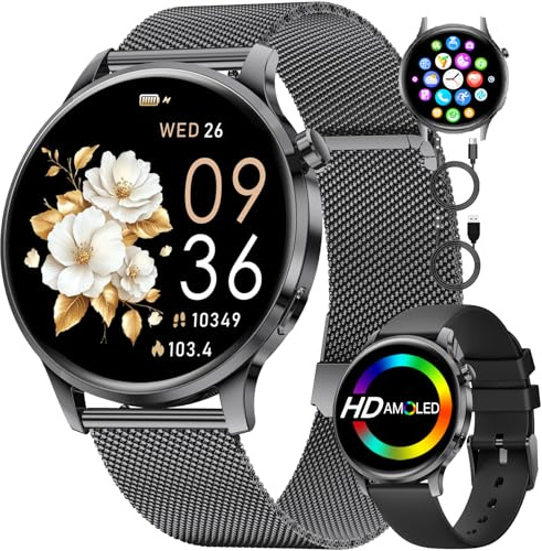 Smartwatch Damen mit Telefonfunktion, 1,32'' HD AMOLED Display Armbanduhr, 100+ Sportmodi Fitnessuhr, IP68 Wasserdicht, Schrittzähler, Herzfrequenz, Schlafmonitor, Elegante Smartwatch für iOS Android