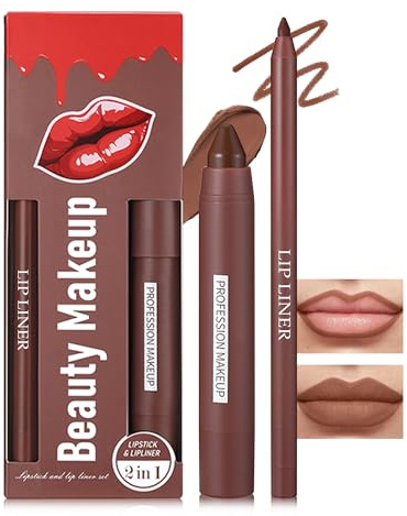 Braun Lippenstift & Lipliner Set, Samt Matt Crayon Lipstick Lippenkonturenstift mit Smooth Creamy Texture, Langlebig Wasserfest Wischfest, Hochpigmentierte Non-Stick Cup Lippen-Make-up Geschenk Set-01