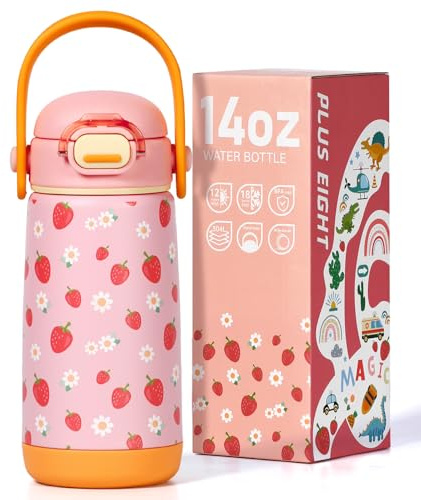pluseight Kids Insulated Water Bottle with Straw Lid & Handle, 420ml/14oz BPA-Free Double Wall Vacuum Tumbler 18/8 Stainless Steel Leak Proof Kids Cups for School Travel (Strawberry)
