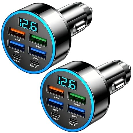6 in 1 USB C Car Charger 66W Super Fast Charging in Car Chargers 12-24V | Cigarette Lighter Socket 30 Minute Chargring with LED Voltmeter 6 Ports Multi Charges for iPhone iPad Android Samsung Galaxy