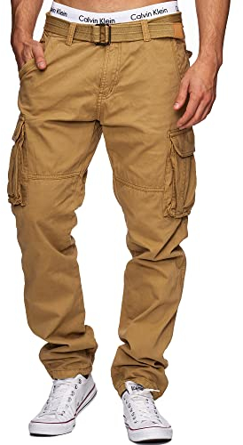 Indicode Herren William Cargohose aus Baumwolle m. 7 Taschen inkl. Gürtel | Outdoorhose Amber, XL