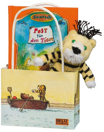 Janosch-Freundschaftstüte Tiger. Bilderbuch »Post für den Tiger« mit Plüsch-Tiger (12 cm) und Geschenktasche