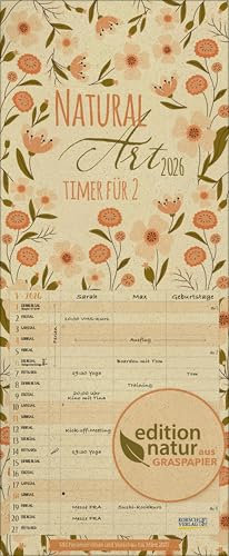 Natural Art Timer für 2 Graspapier 2026: Familienplaner aus Graspapier mit 3 breiten Spalten. Mit Ferienterminen, extra Spalte und Vorschau bis März 2027. Format:19 x 46 cm