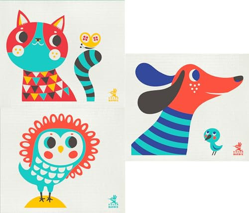 Trendy Tripper Schwedische Geschirrtücher / Schwammtuch - Helen Dardik Designs - Hund oder Katze oder Eule oder 3er Pack mit je 1 von jedem Hund/Katze/Eule (3 Stück: je eine Eule, Hund + Katze)